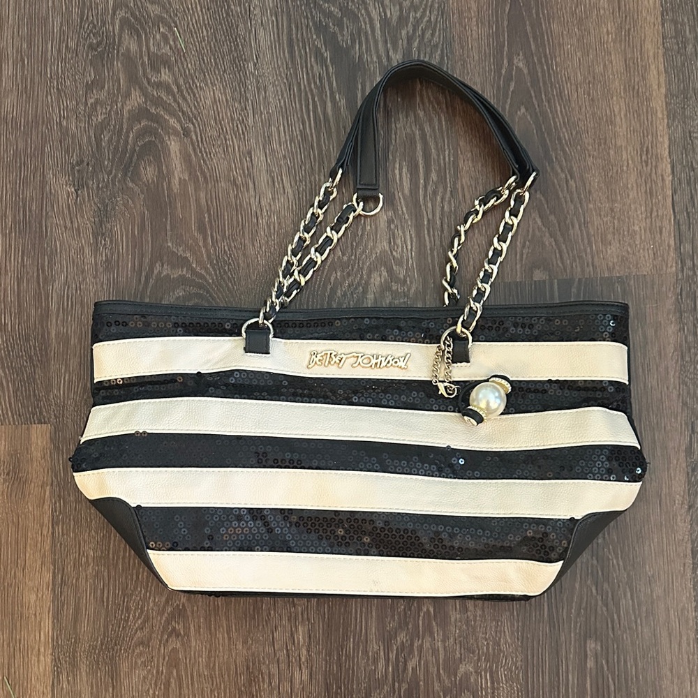 Betsey Johnson Black and Cream Sequin Tote